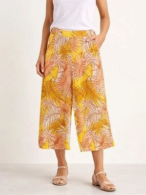 Tahari 100% Linen Wide Leg Cropped Pants Tropical Yellow Resort